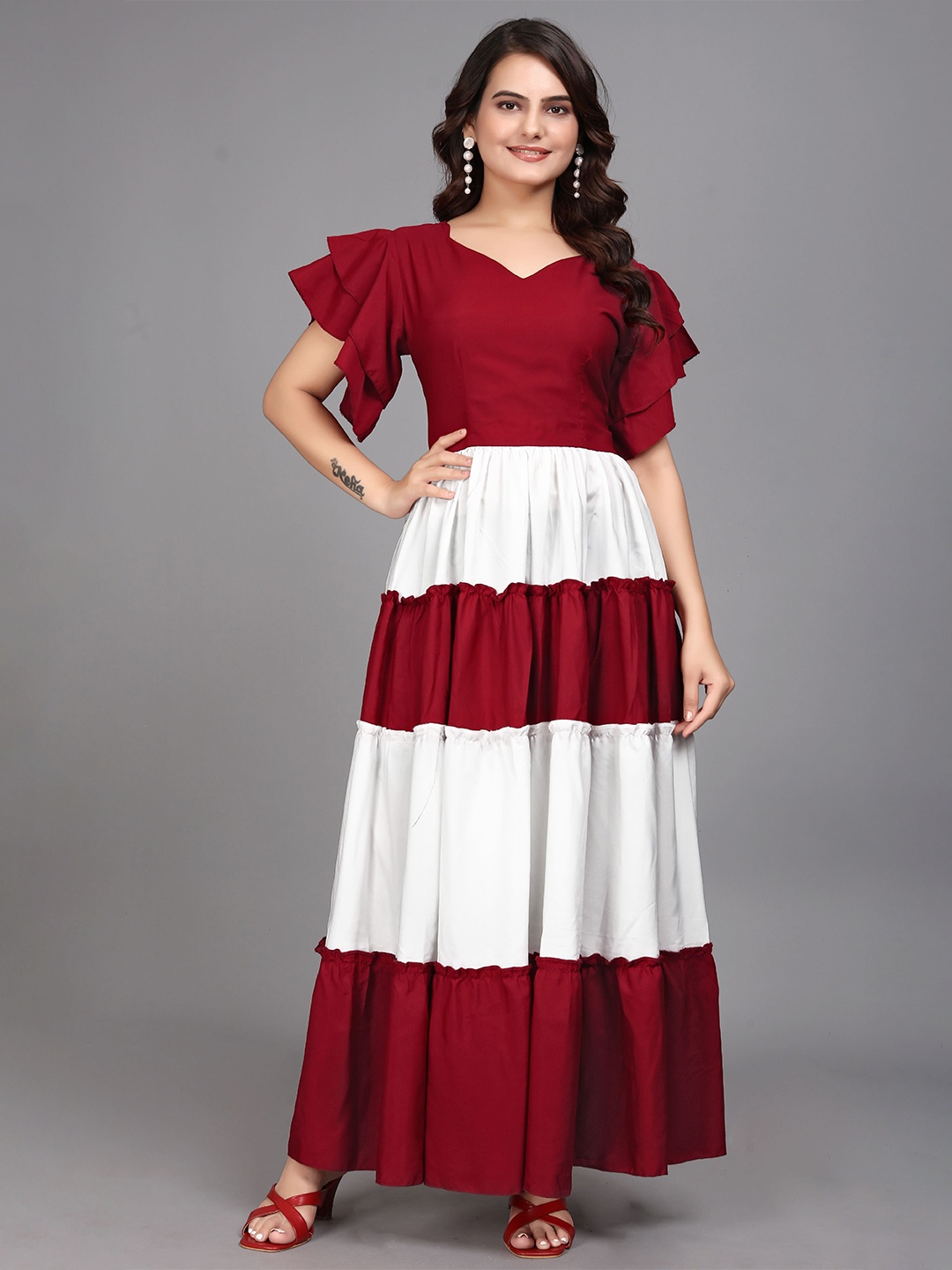 

ZELZIS Flutter Sleeve Crepe Maxi Dress, Maroon