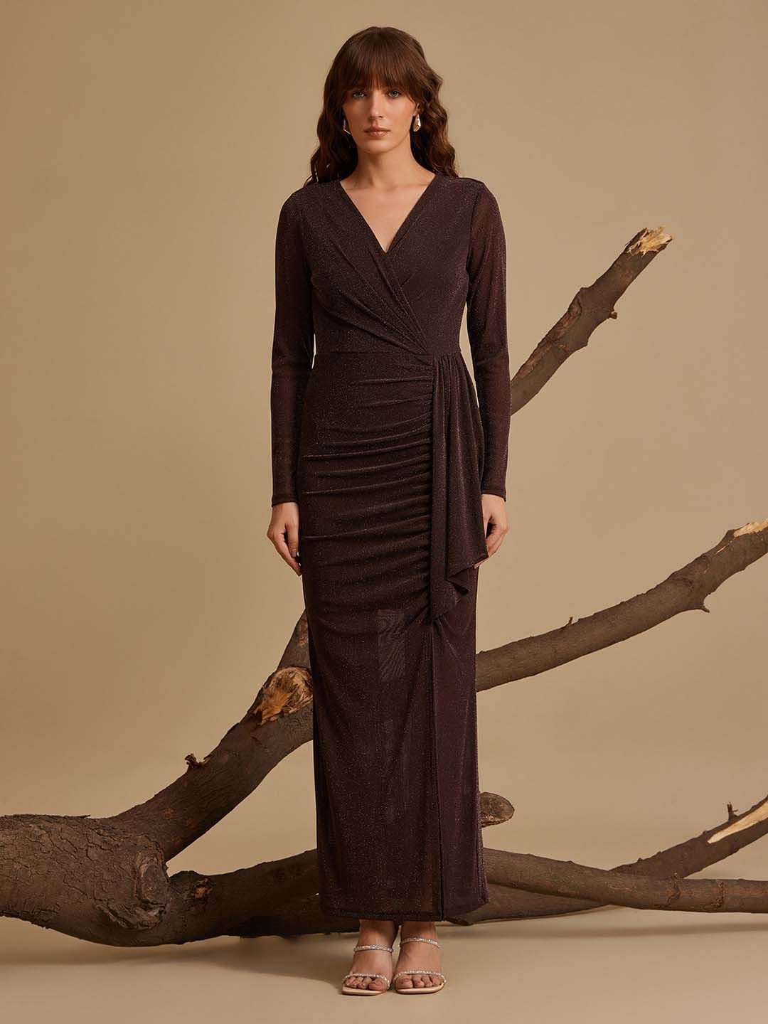 

Kazo V-Neck Self Design Maxi Dress, Brown