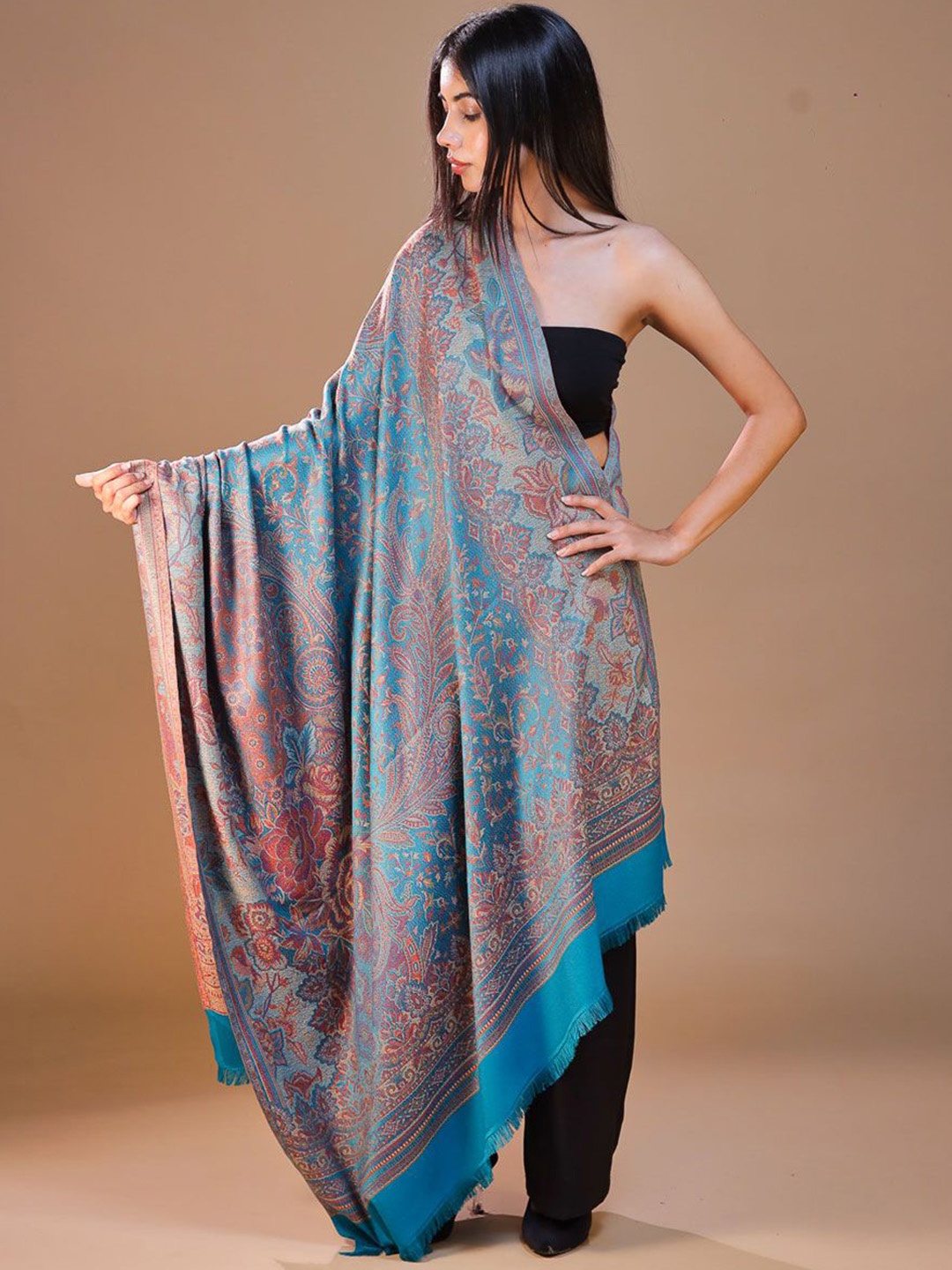 

SWI Stylish Floral Woven Design Jamawar Shawl, Blue