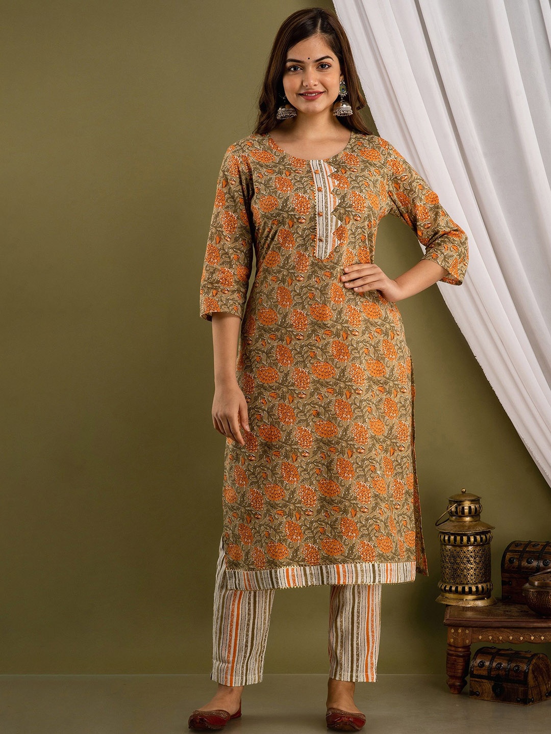 

His&Her Floral Printed Pure Cotton Straight Kurta with Trousers & Dupatta, Orange