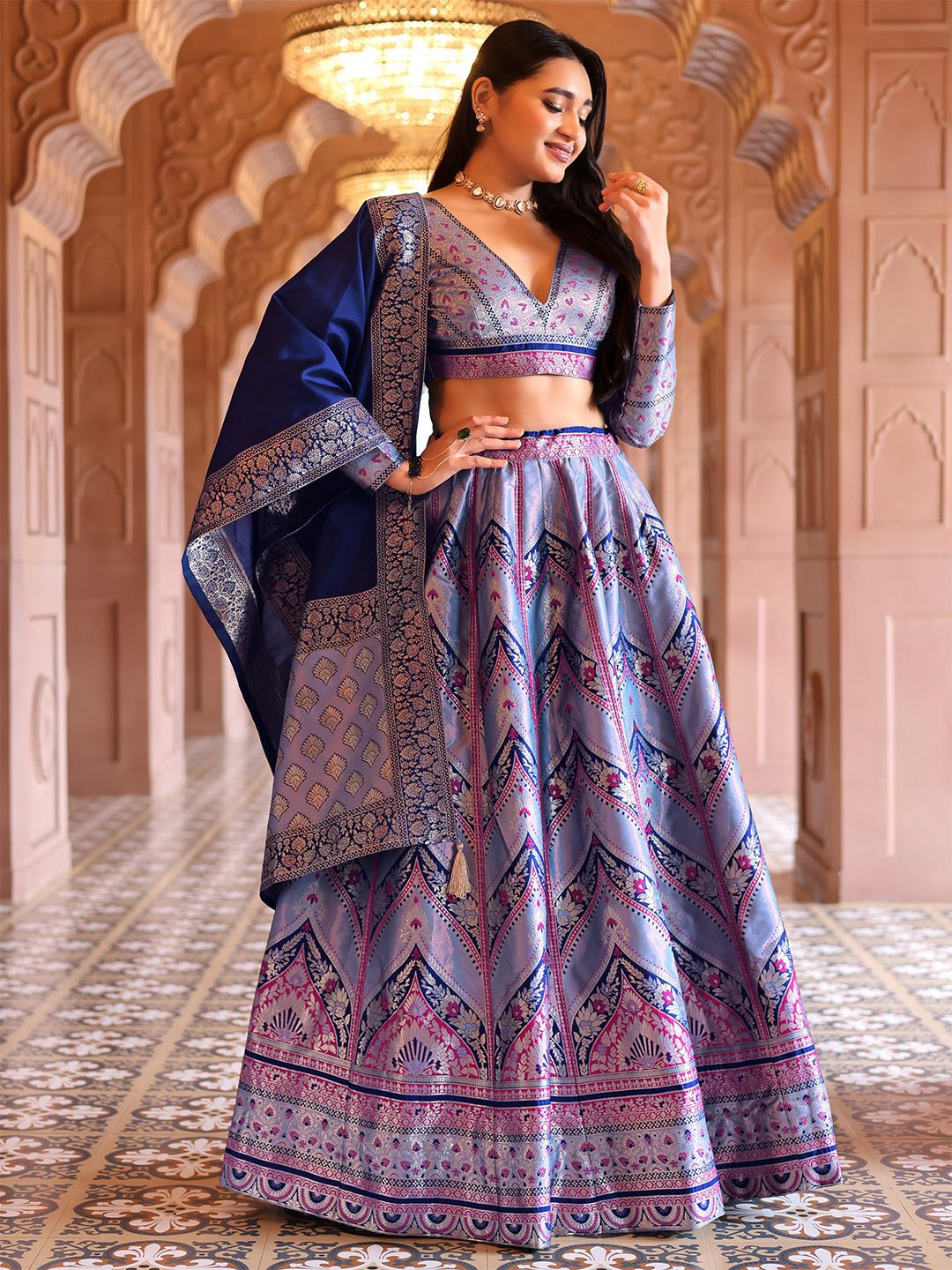 

PURVAJA Ready to Wear Lehenga & Unstitched Blouse With Dupatta, Blue