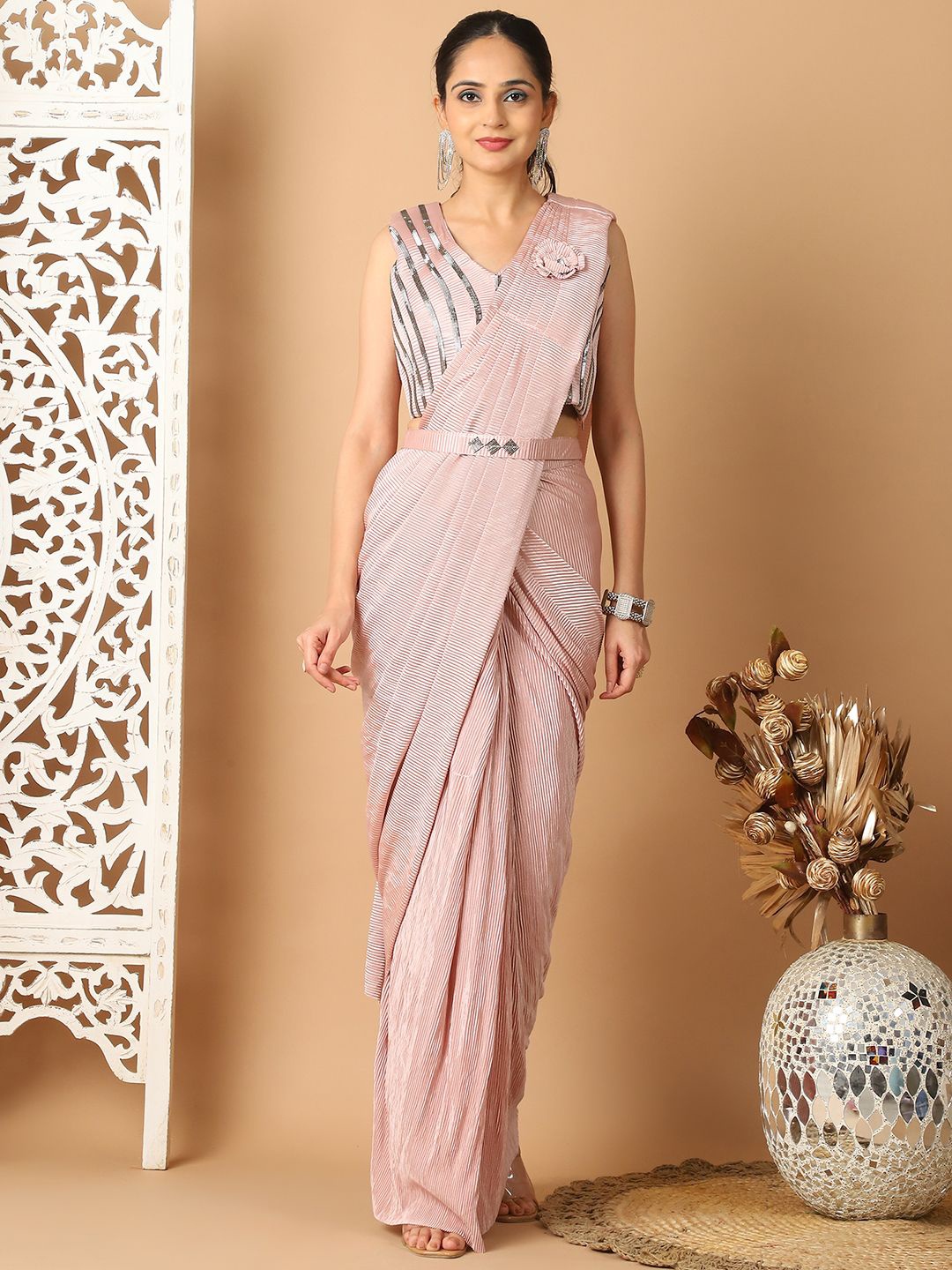 

Grancy Striped Ready to Wear Saree, Pink