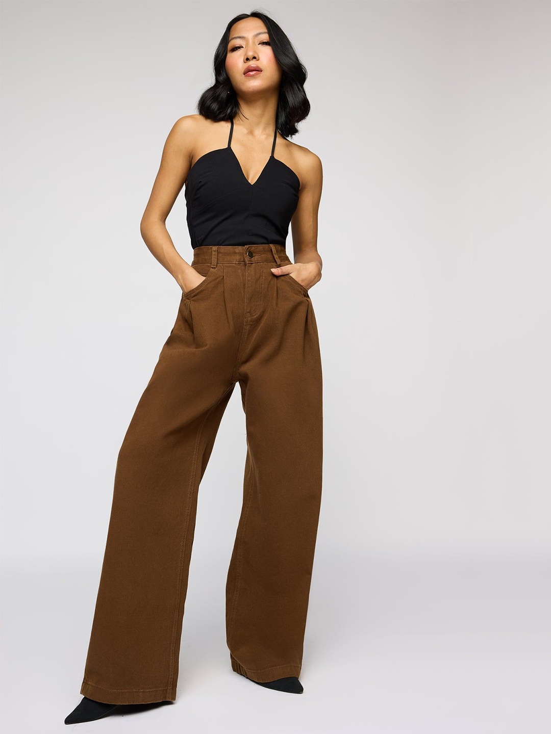 

FREAKINS Women Flared High-Rise Denim Korean Jeans Pant, Brown