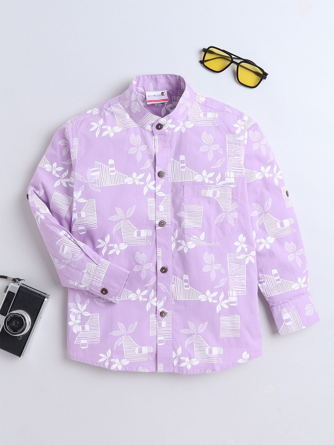 

BAATCHEET Boys Band Collar Conversational Printed Cotton Casual Shirt, Lavender