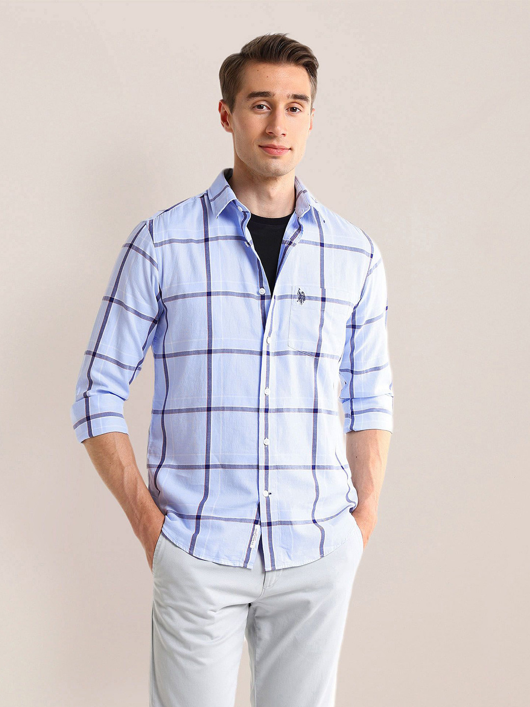 

U.S. Polo Assn. Men Classic Windowpane Checks Opaque Checked Casual Shirt, Blue