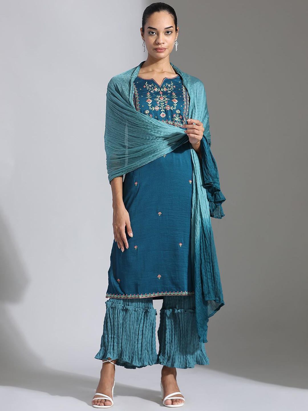 

Jaipur Kurti Ethnic Motifs Embroidered Notch Neck Straight Kurta With Palazzos & Dupatta, Teal
