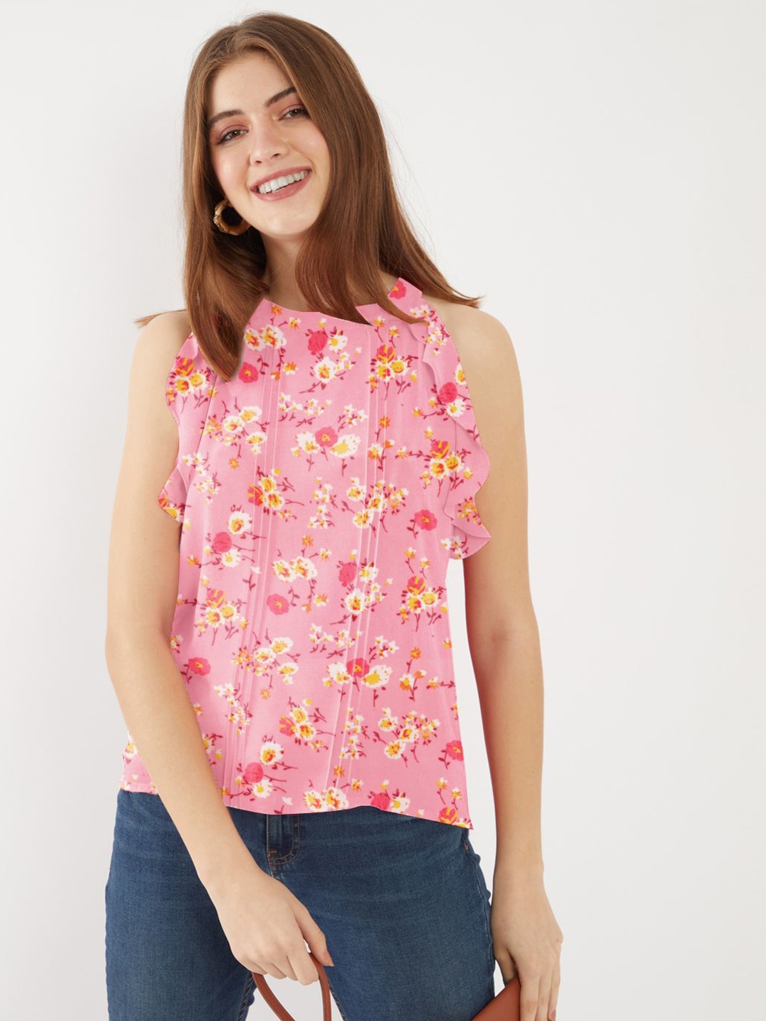 

Zink London Women Floral Printed Round Neck Top, Peach