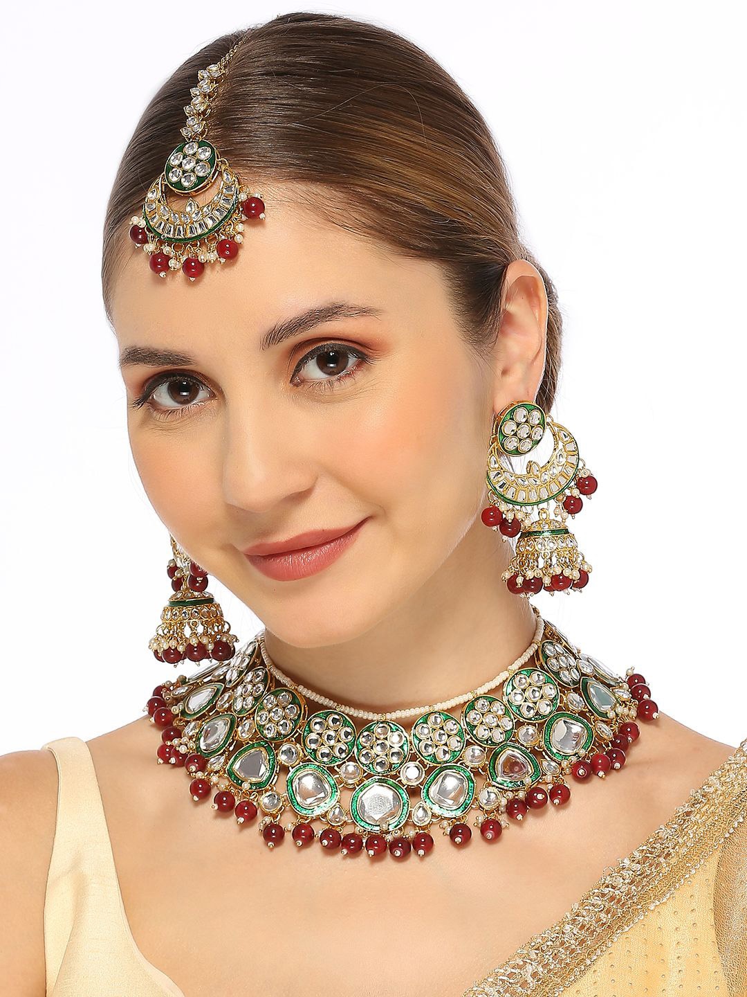 

Anouk Gold Toned Kundan Studded & Beaded Meenakari Jewellery Set