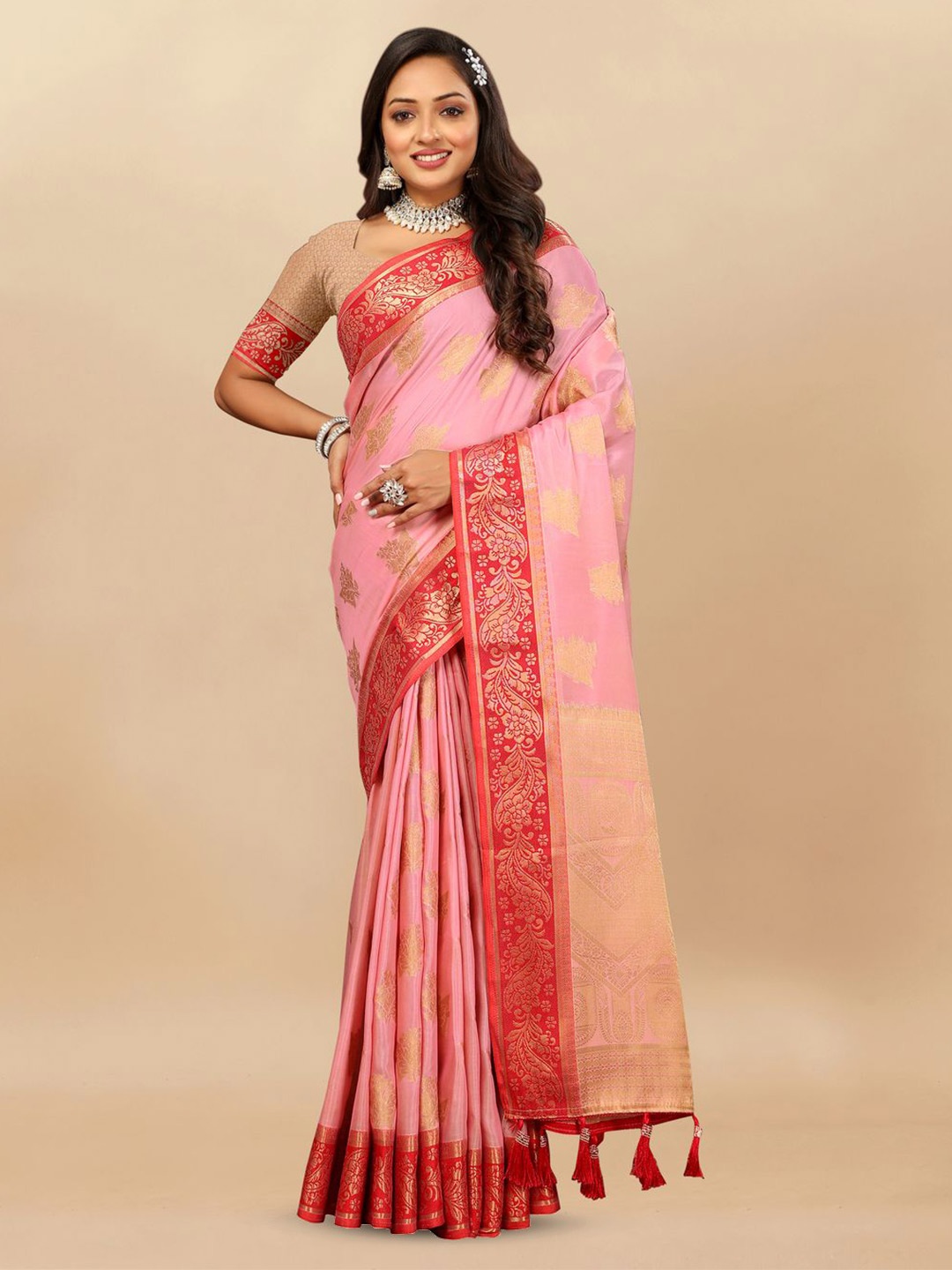 

MOKSHA DESIGNS Woven Design Zari Pure Silk Banarasi Saree, Pink