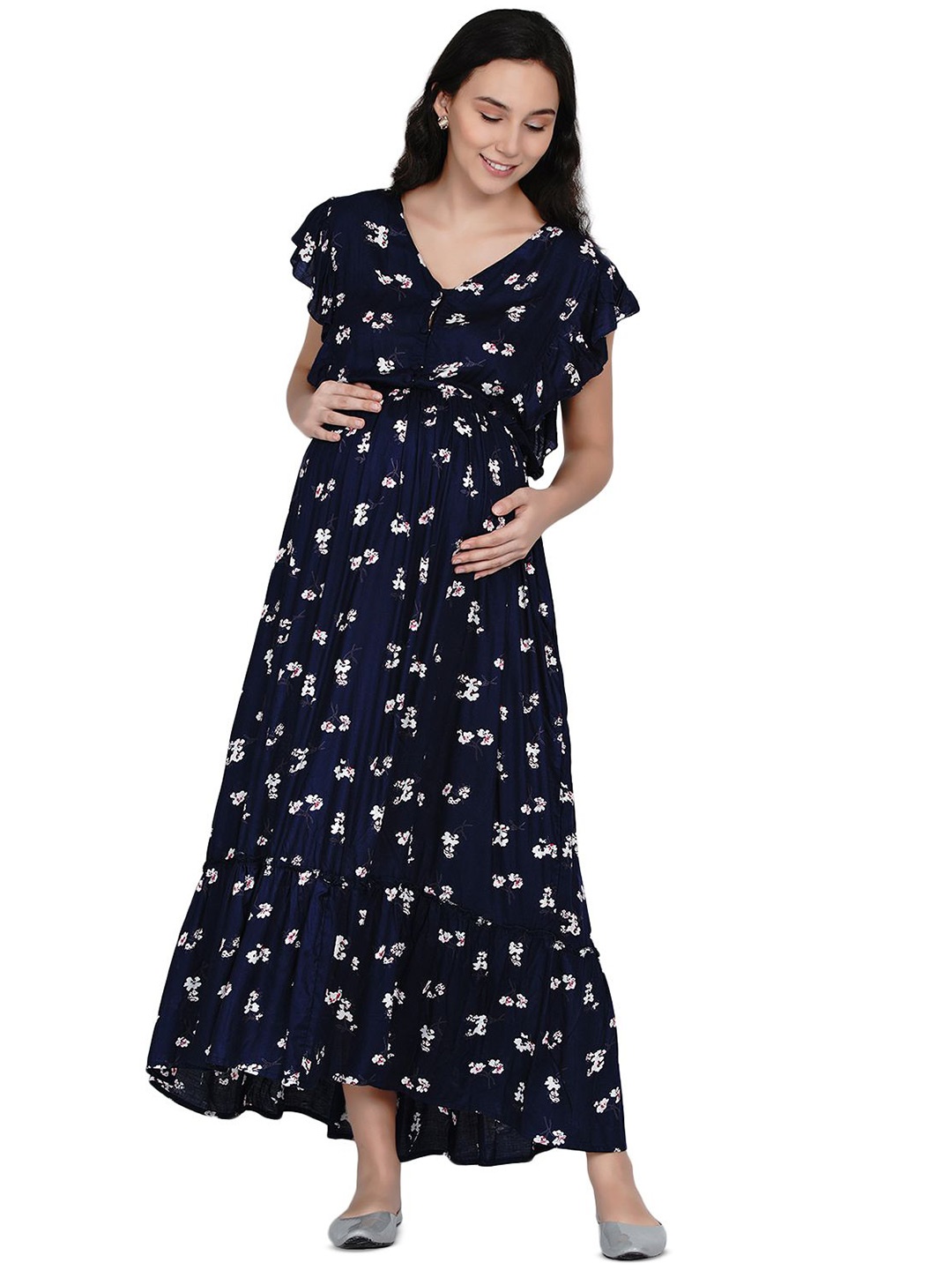 

Mine4Nine Floral Print Maternity Fit & Flare Maxi Dress, Navy blue