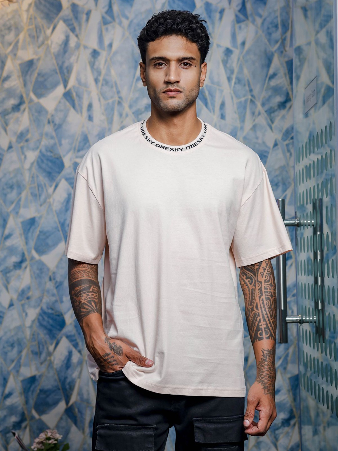 

ONE SKY Men Solid Round Neck Cotton Oversized T-shirt, White
