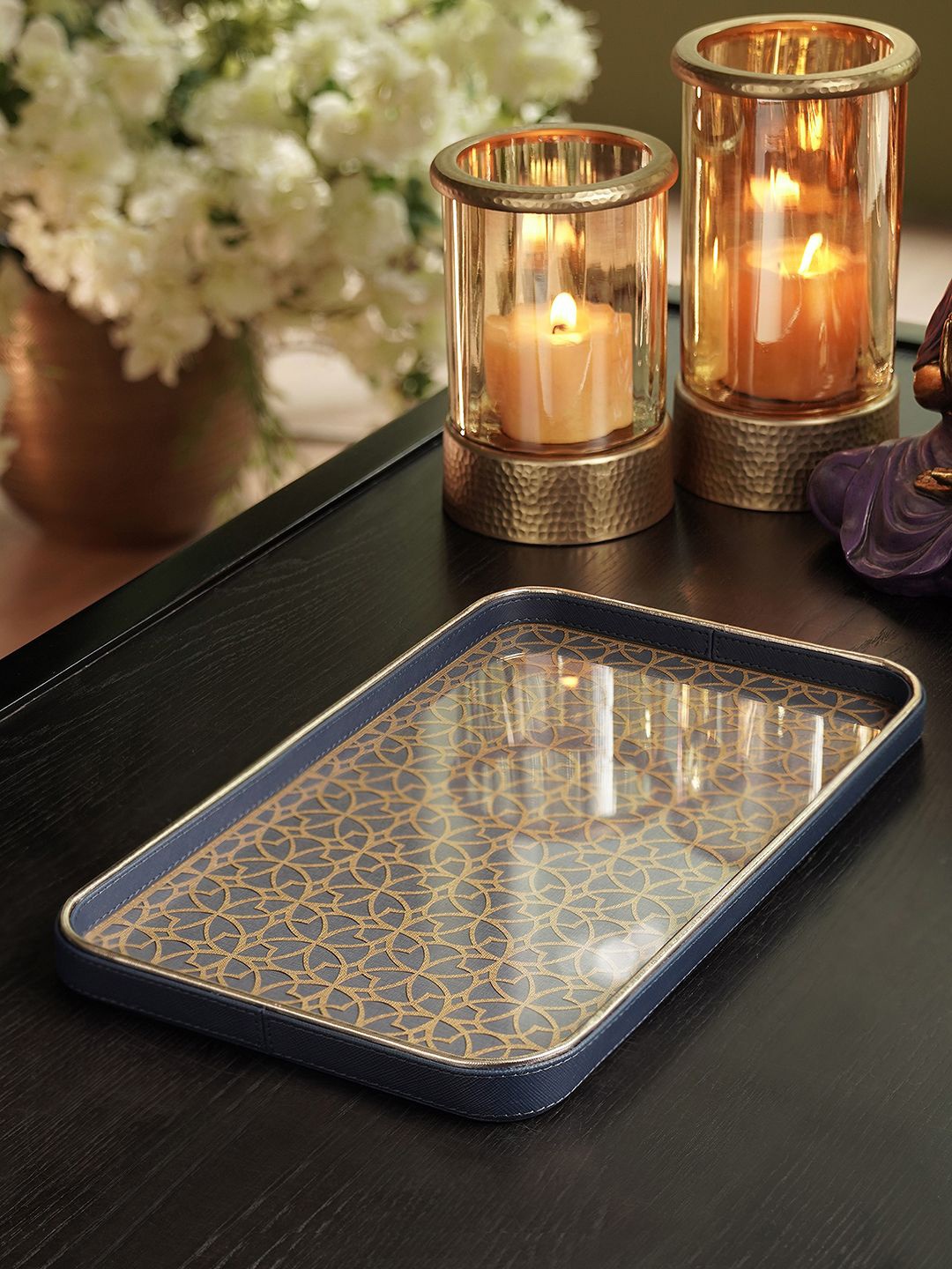 

Pure Home and Living Navu Blue Textured Glass Rectangle Large Serving Tray, Navy blue