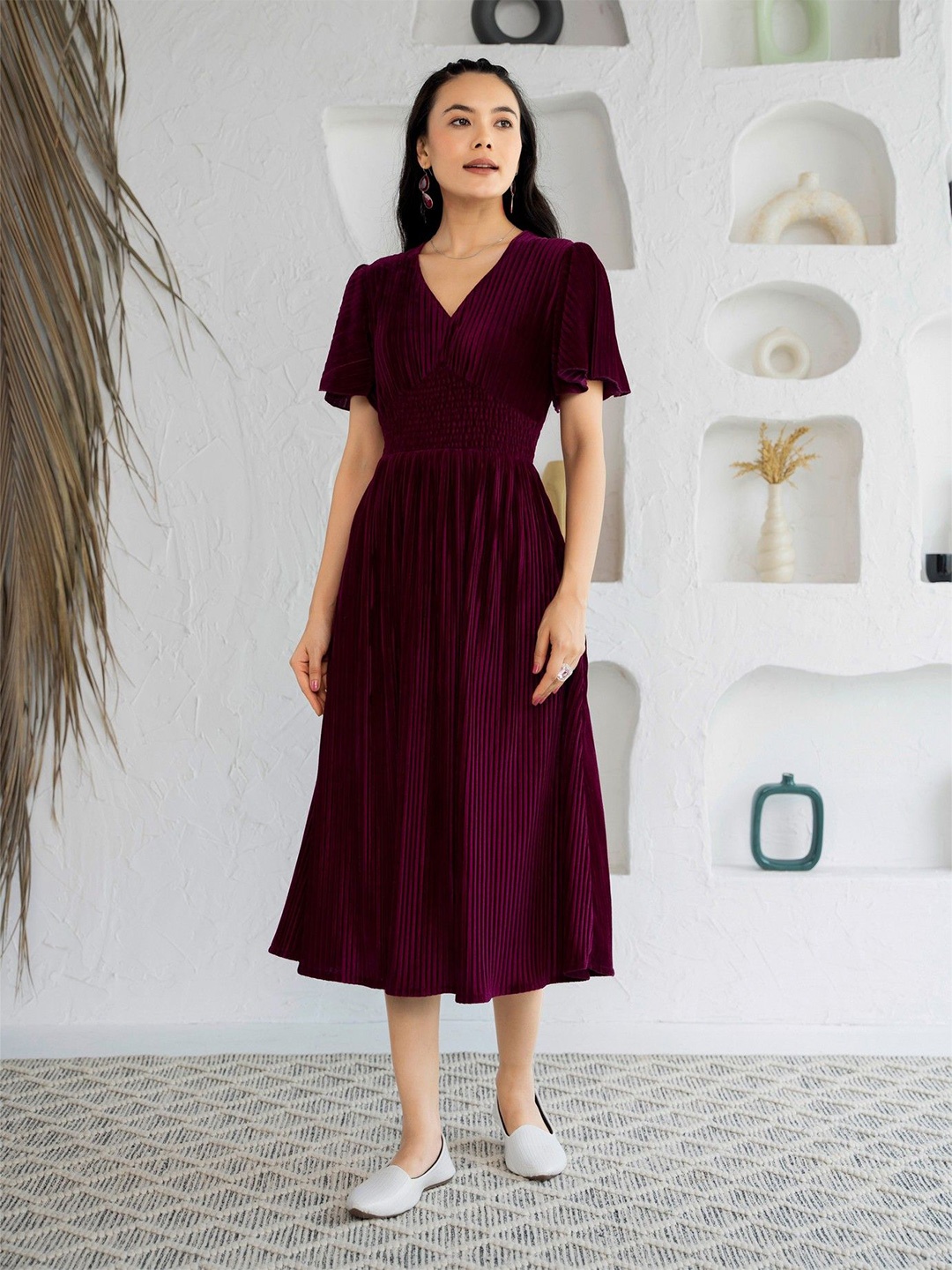 

AASK Floral Puff Sleeve Velvet Fit & Flare Dress, Purple