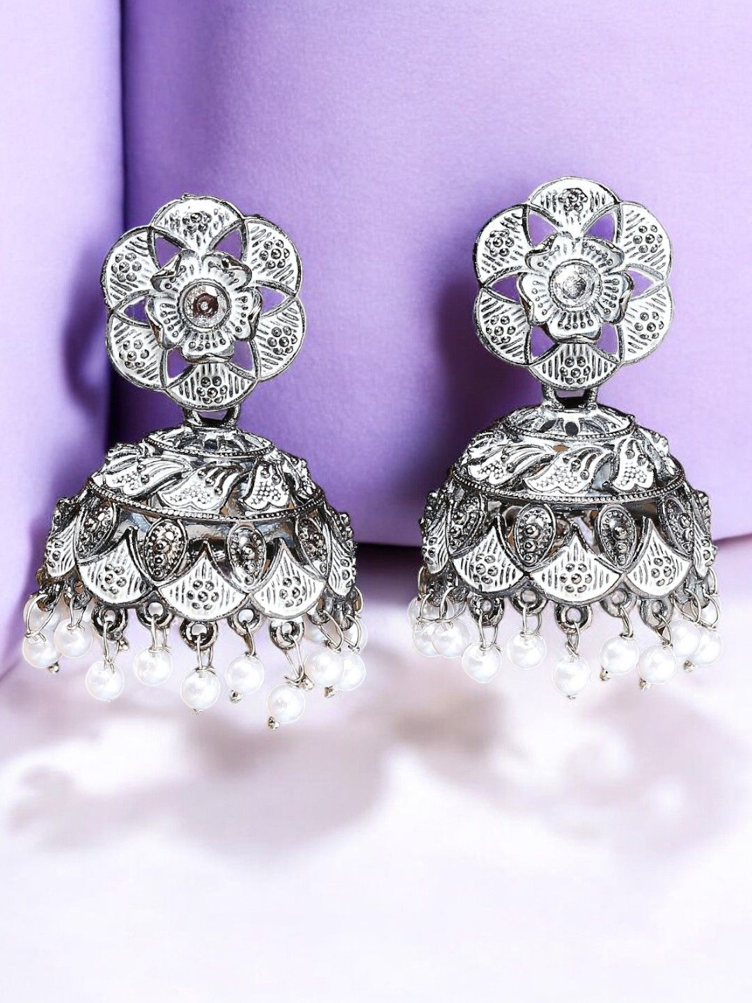 

Sangria Artificial Stones and Beads Floral Shaped Oxidised Jhumka Earrings, Silver