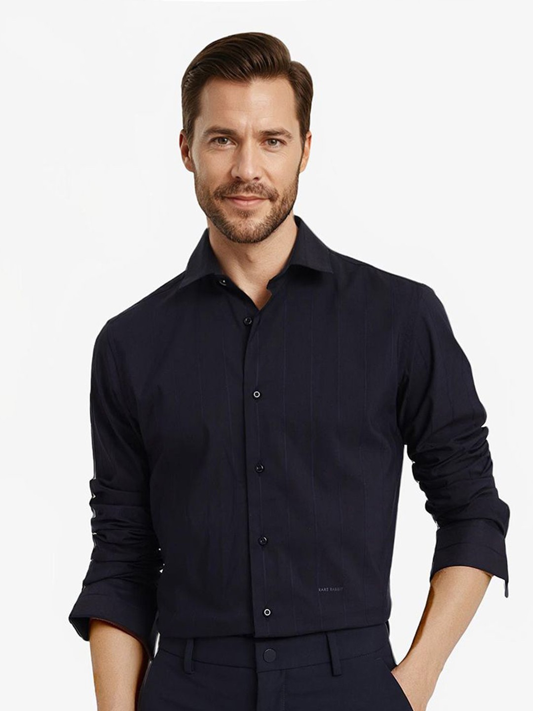 

RARE RABBIT Men Comfort Spread Collar Solid Striped Cotton Casual Shirt, Navy blue