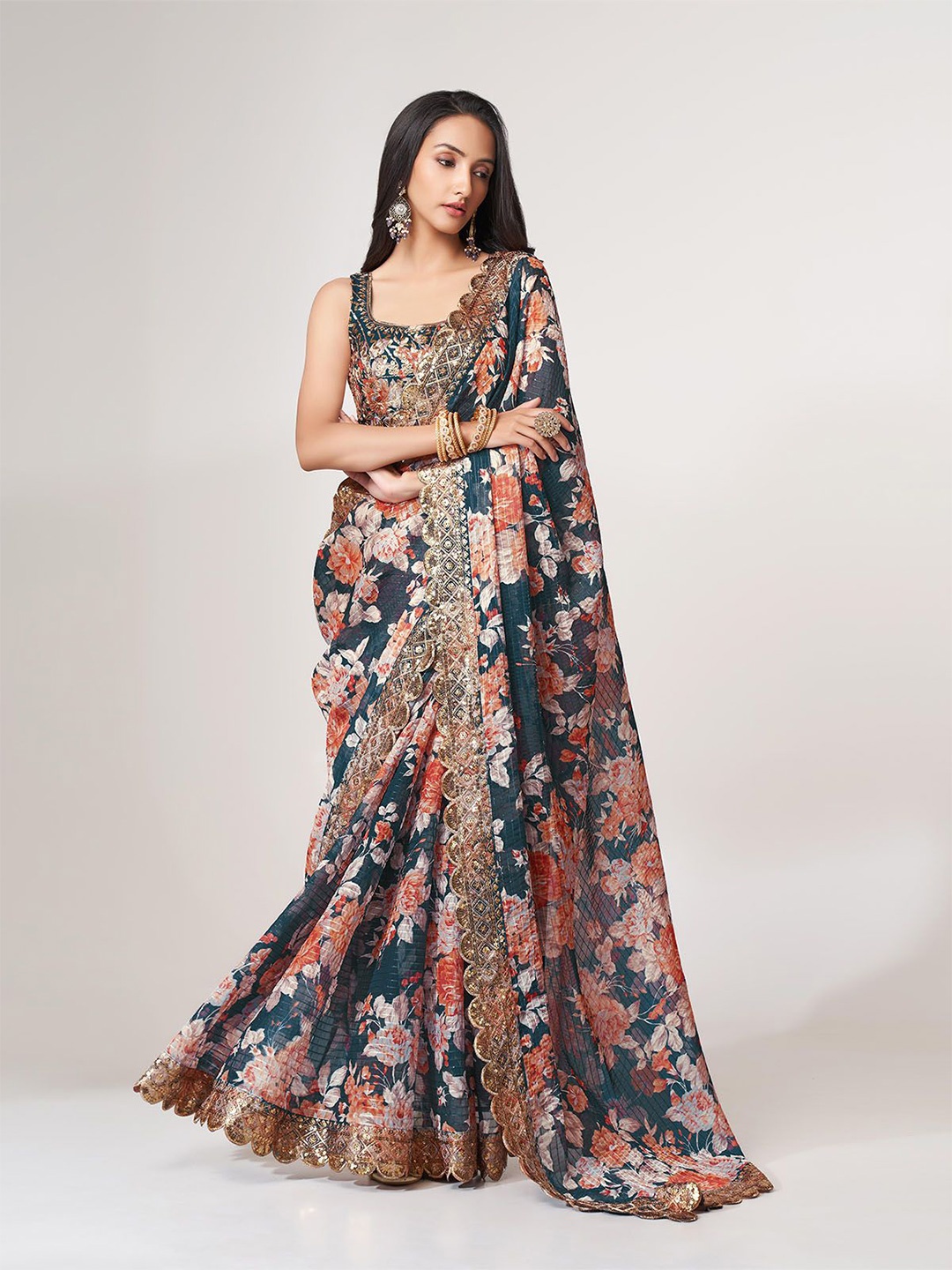 

ODETTE Floral Printed Embroidered Organza Saree, Blue