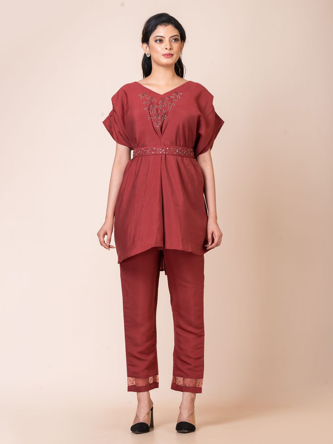 

SARSO Embroidered Extended Sleeves Peplum Top & Trousers With Blet, Maroon