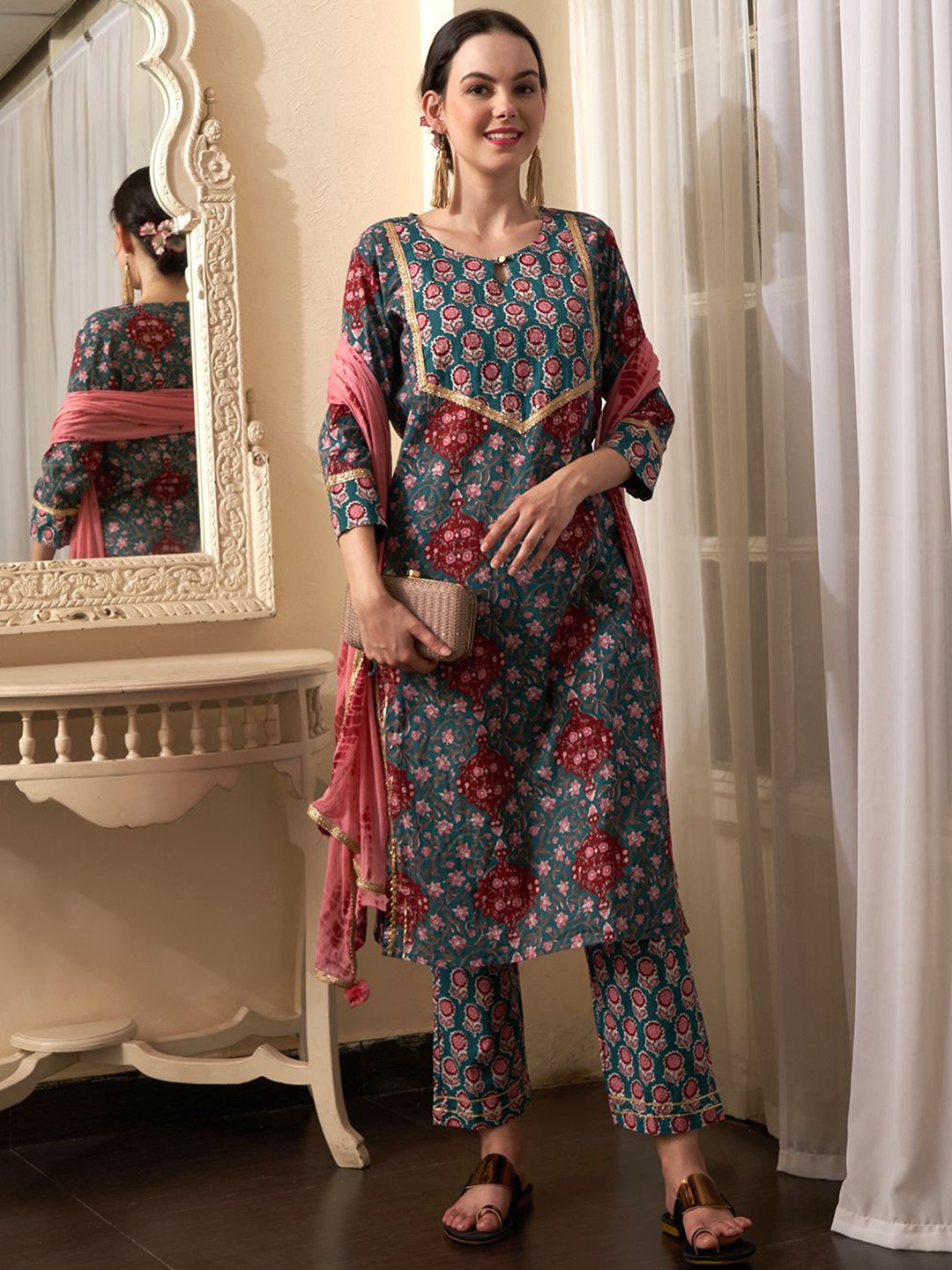 

Sangria Floral Printed Gotta Patti Pure Cotton Straight Kurta With Trousers & Dupatta, Teal