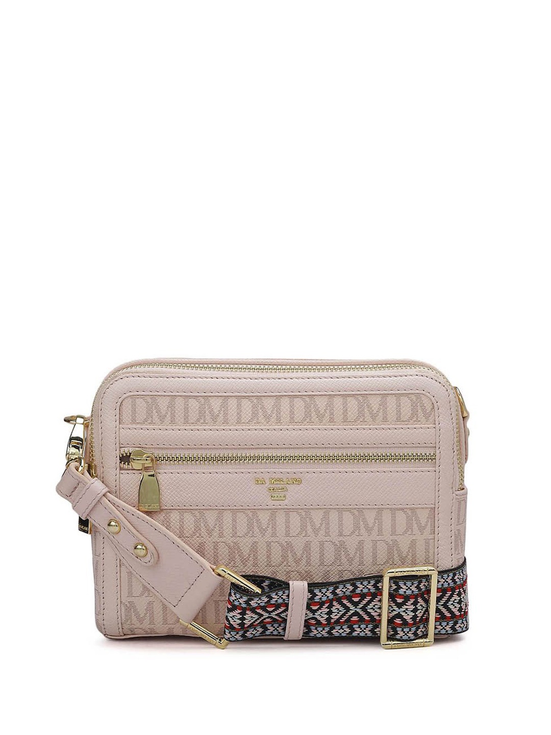 

Da Milano Geometric Textured Leather Sling Bag with Cut Work, Pink