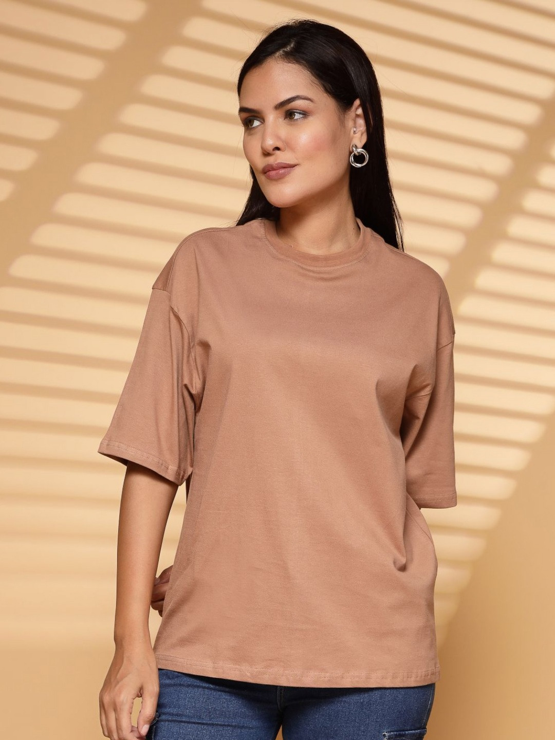 

TANYAA Unisex Bio Finish Solid Round Neck Pure Cotton Oversized T-shirt, Brown
