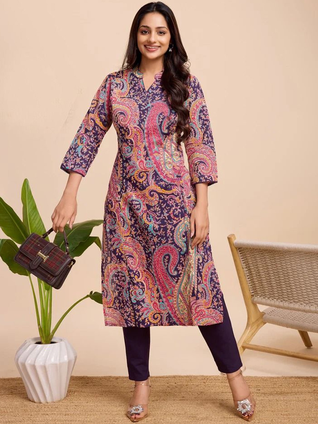 

Anni Designer Paisley Printed Mandarin Collar Regular Viscose Rayon Kurta With Trousers, Purple