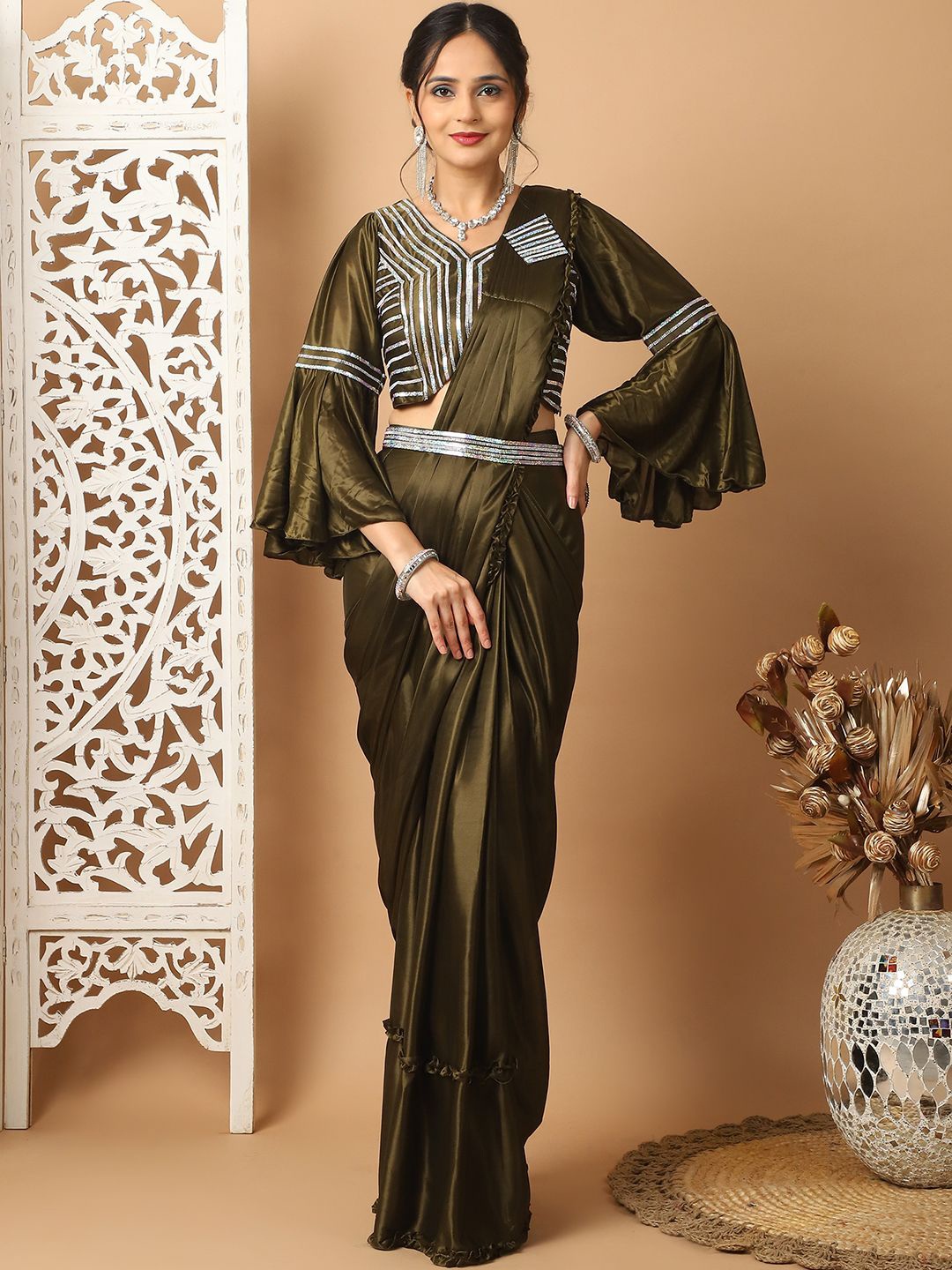 

Grancy Beads and Stones Ready to Wear Leheriya Saree, Olive