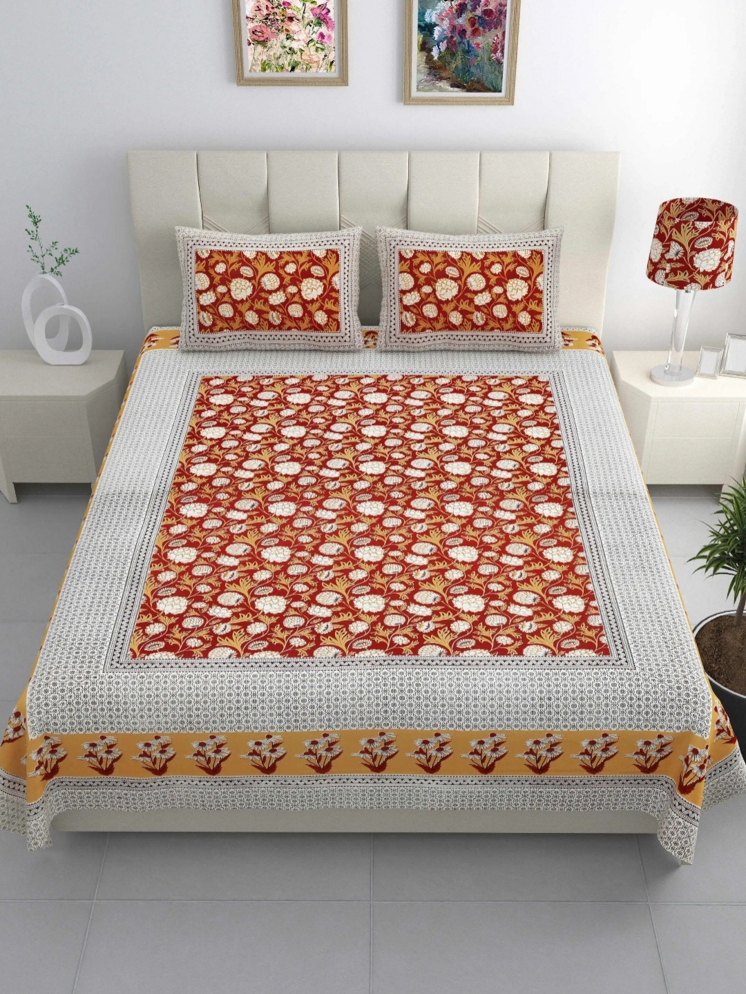 

LIVING ROOTS White & Yellow Floral Cotton 210 TC King Bedsheet with 2 Pillow Covers