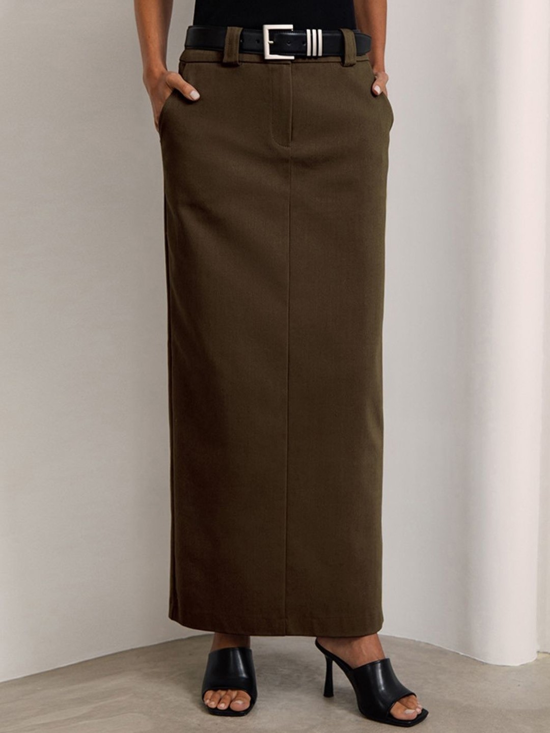 

KPOP Women Solid Straight Maxi Button Formal Skirt, Brown