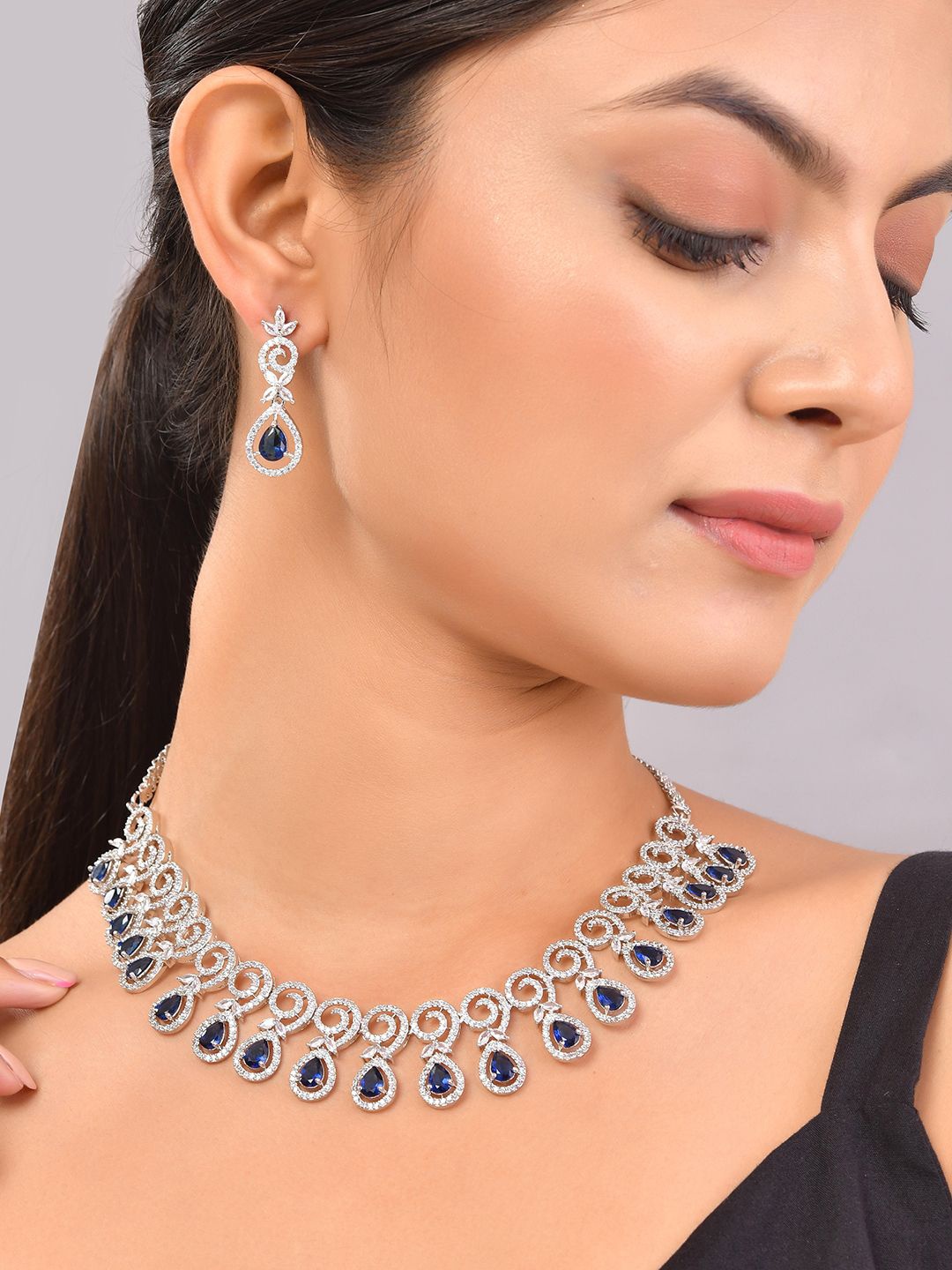 

Voylla Rhodium-Plated American Diamond Studded Jewellery Set, Silver