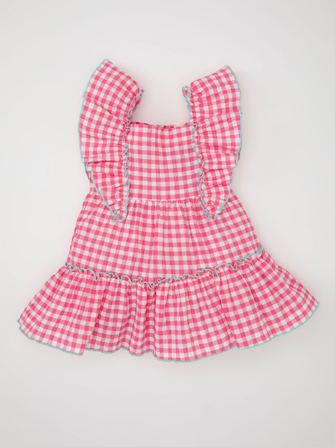 

DeFacto Checked Flutter Sleeve Drop-Waist Dress, Pink