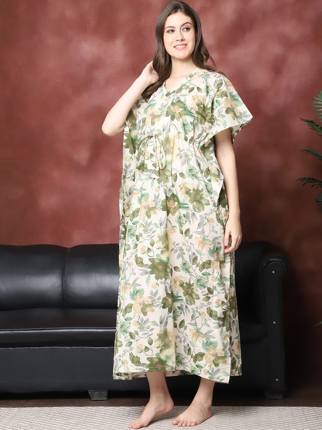 

Claura Printed Pure Cotton kaftan Maxi Nightdress, Green