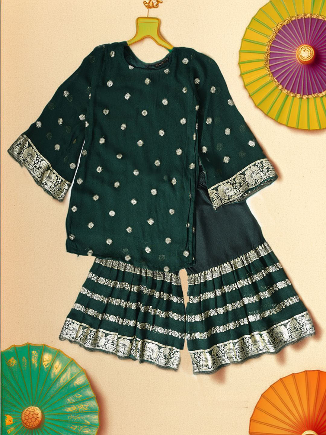 

Bella Moda Girls Ethnic Motifs Woven Design Straight Kurta with Sharara, Green