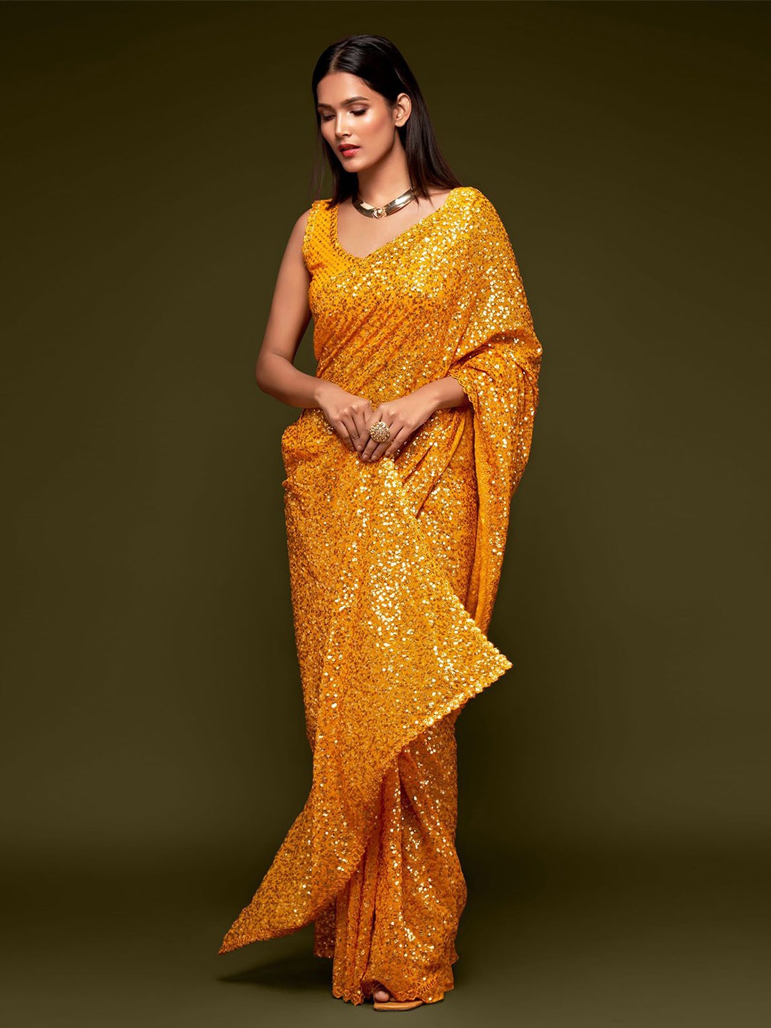 

ODETTE Embellished Sequinned Poly Georgette Heavy Work Saree, Yellow