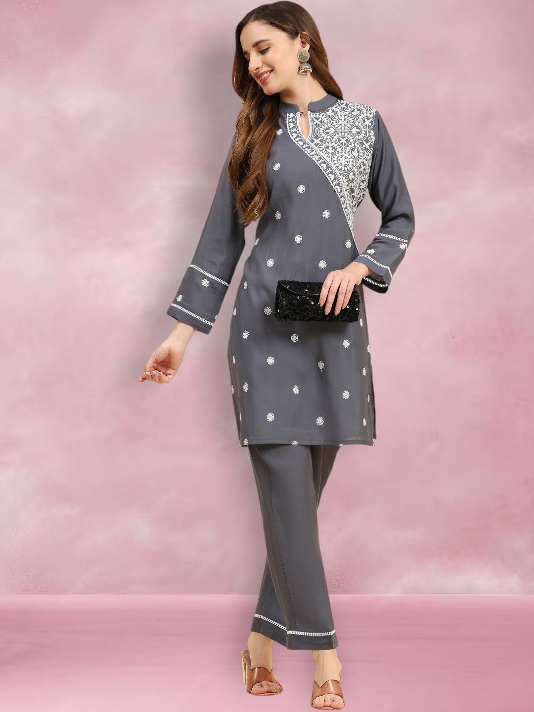 

Growish Floral Embroidered Mandarin Collar Top With Trousers, Grey