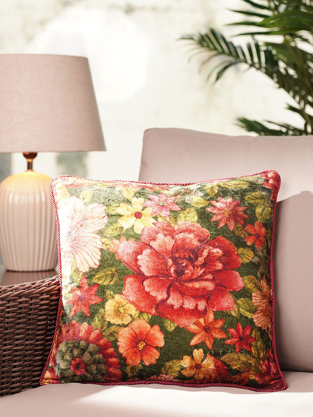 

Pure Home and Living Brown & Green Floral Printed Velvet Square Cushion Covers