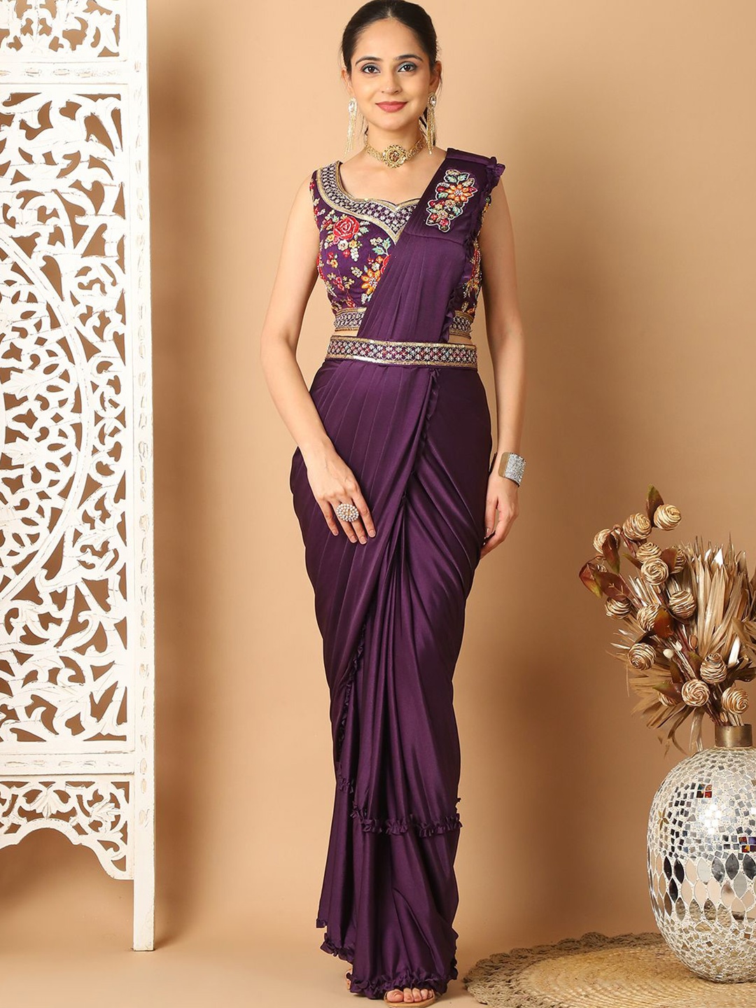 

Grancy Floral Embroidered Ready to Wear Saree, Purple