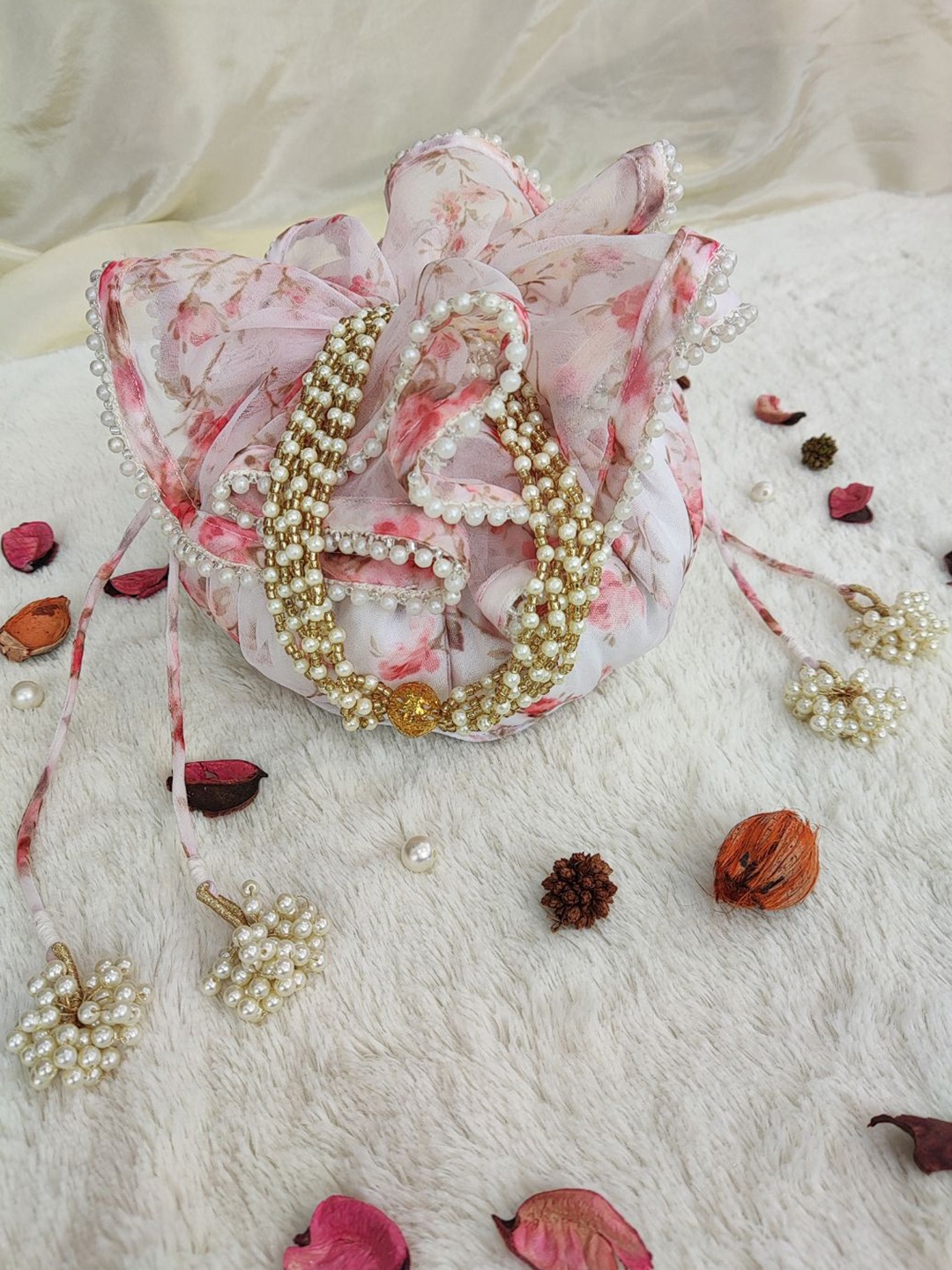

LABEL KANUPRIYA Floral Printed Embellished Organza Potli Bag, White