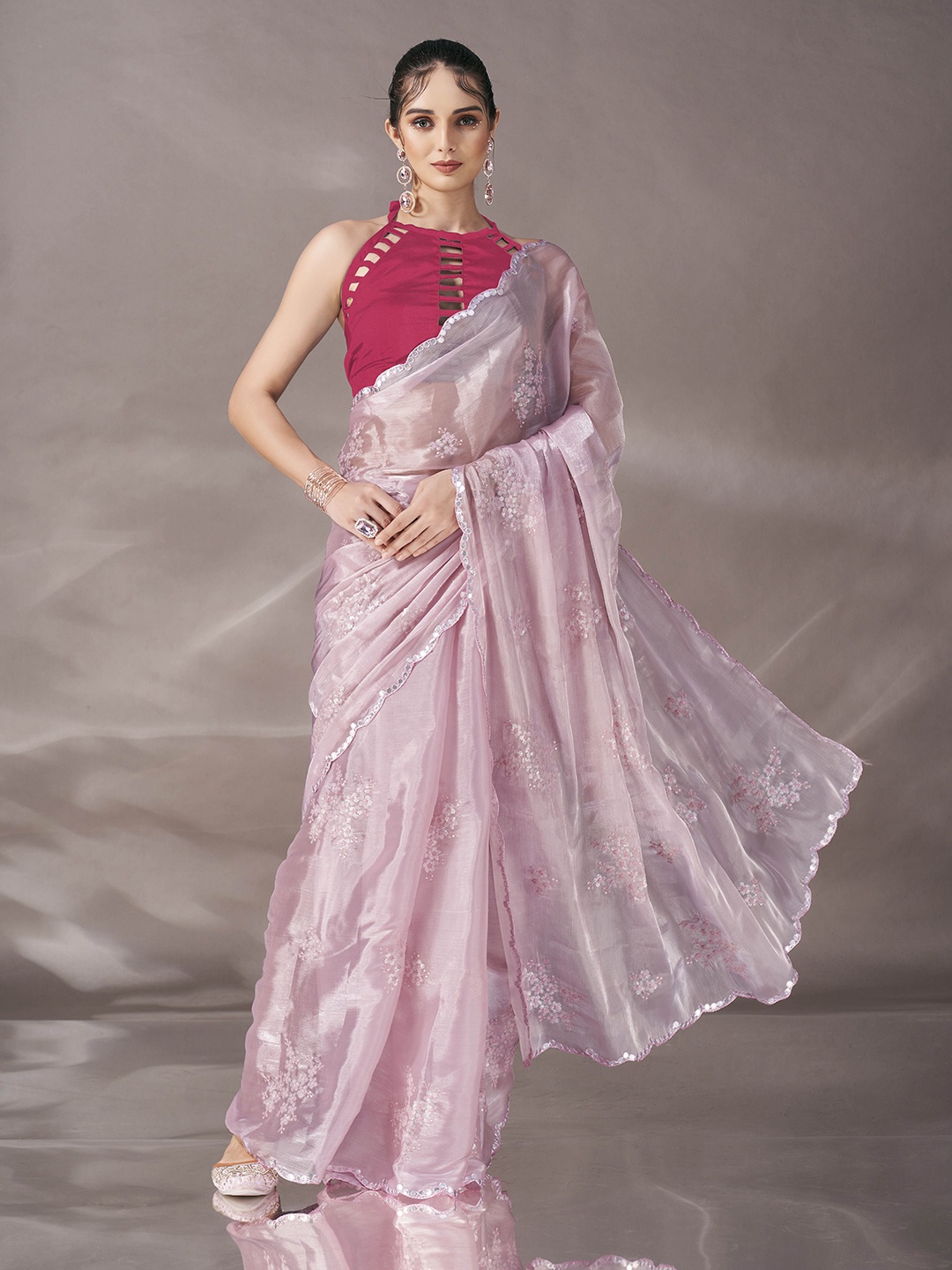 

Tikhi Imli shimmer satin saree with Sequinned embroidery and border Saree, Pink