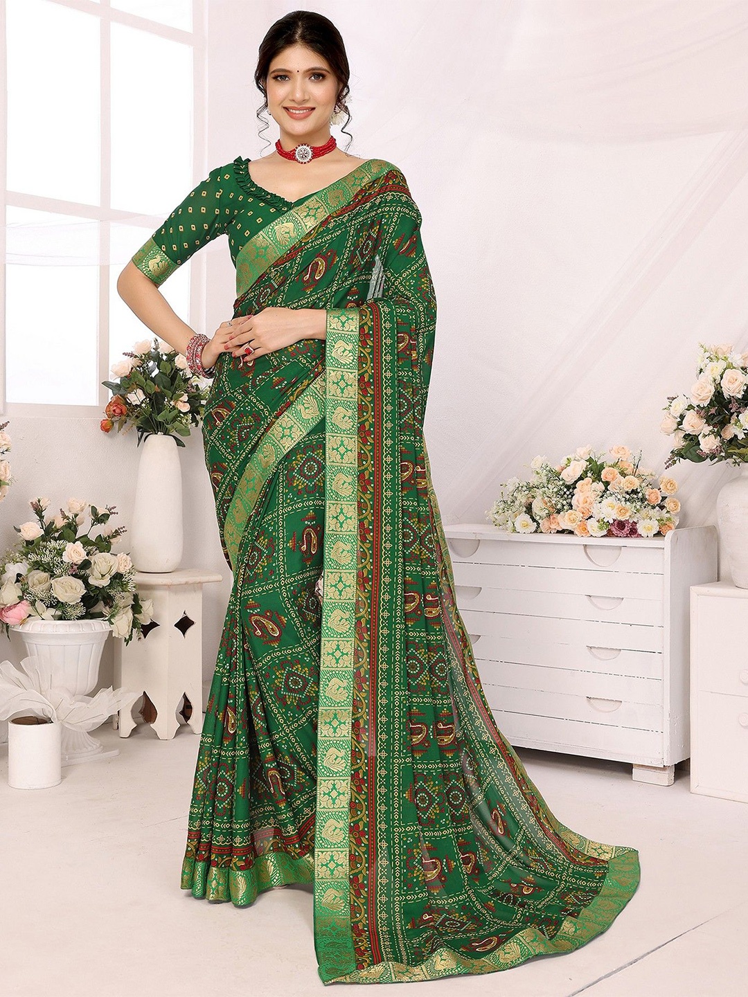 

KALINI Bandhani Printed Zari Woven Design Saree, Green