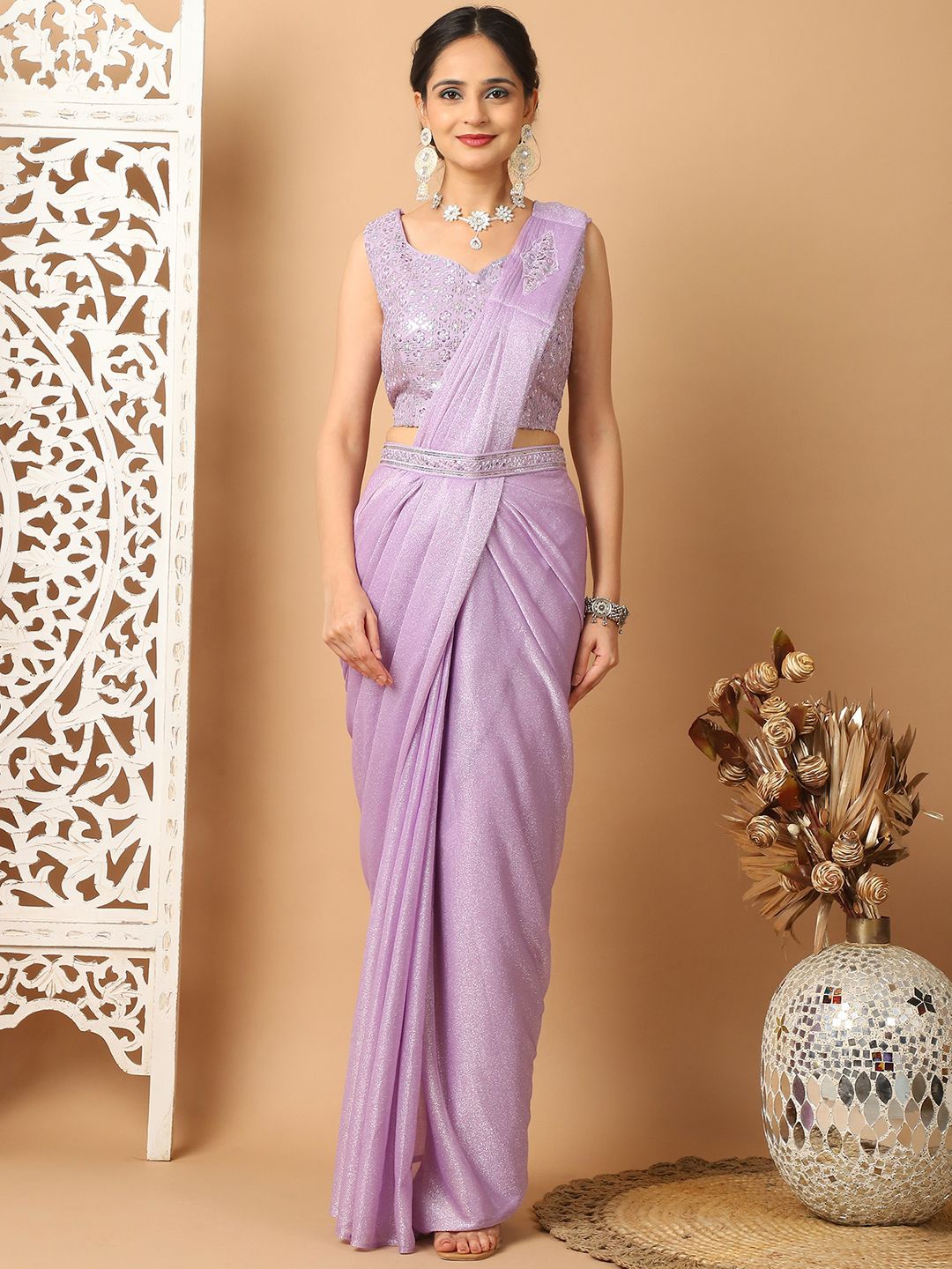 

Grancy Embellished Sequinned Ready to Wear Leheriya Saree, Mauve