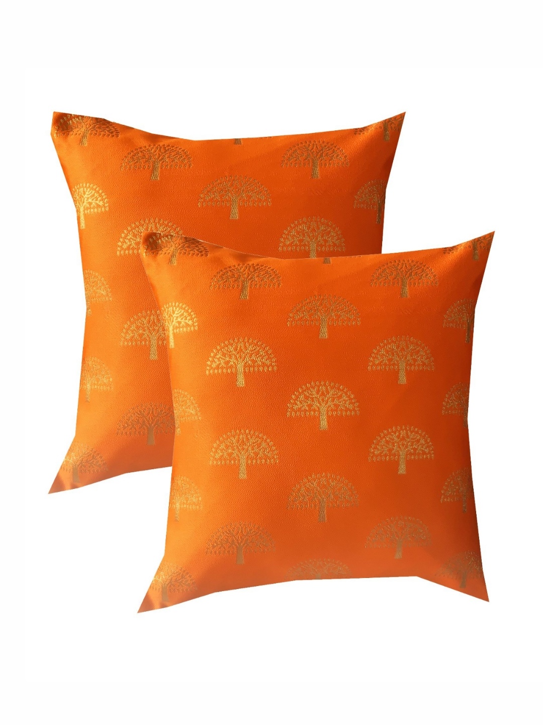 

Pink Parrot Orange Colored & Gold Toned 2 Pieces Floral Printed Square Cushion Covers