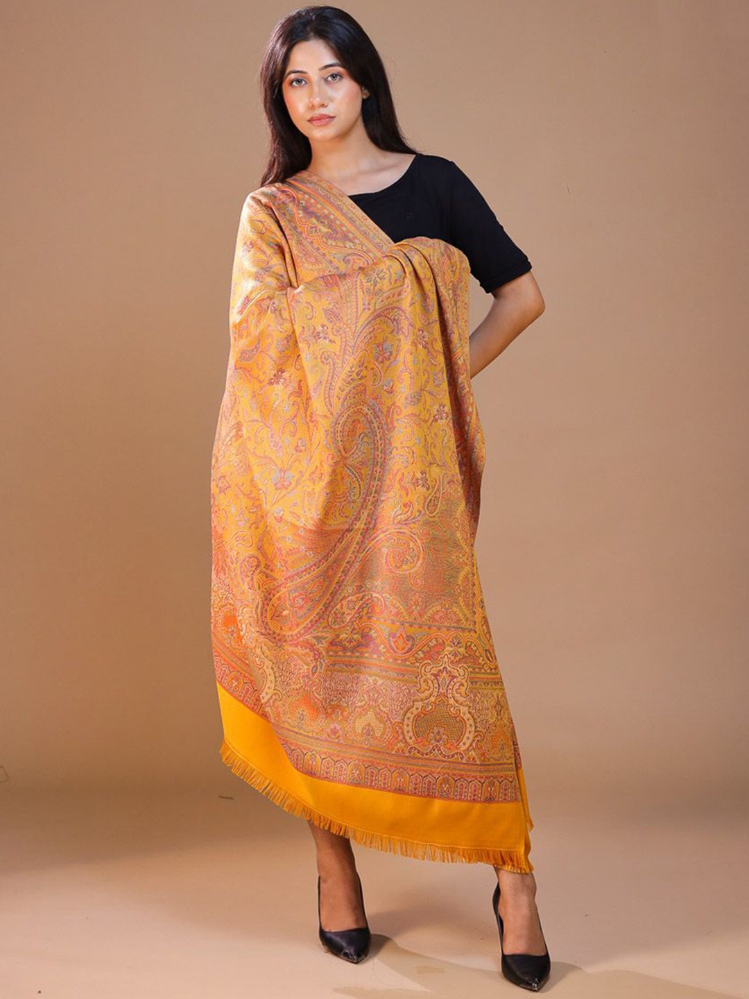 

SWI Stylish Paisley Woven Design Jamawar Wool Shawl, Yellow