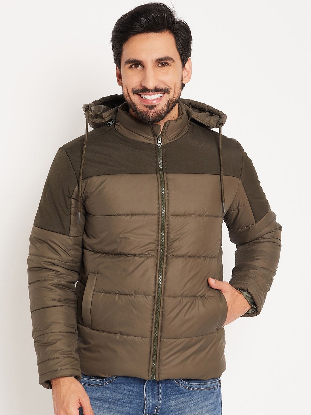 

VERO AMORE Men Colourblocked Quilted Hooded Jacket, Olive