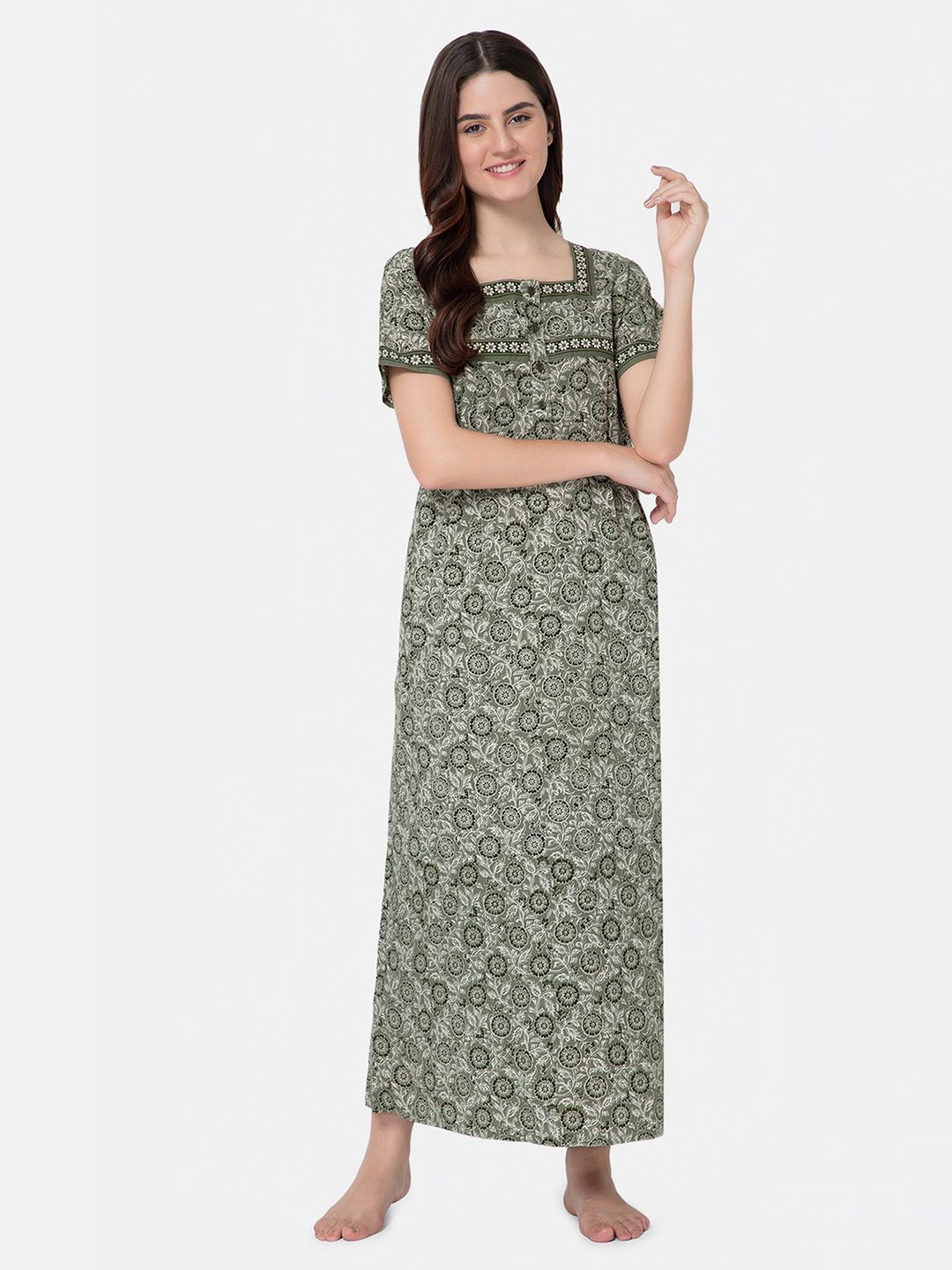 

NAIDU HALL Women Pure Cotton Printed Maxi Nightdress, Green