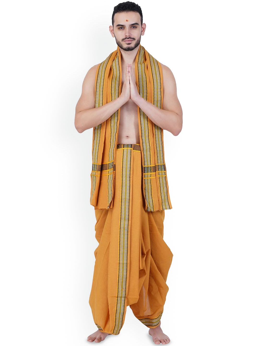

Ethazh Men Dhoti With Angavastram, Mustard