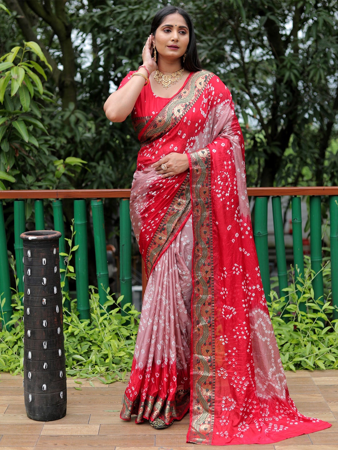 

Anaita Bandhani Zari Pure Silk Bandhani Saree, Rose