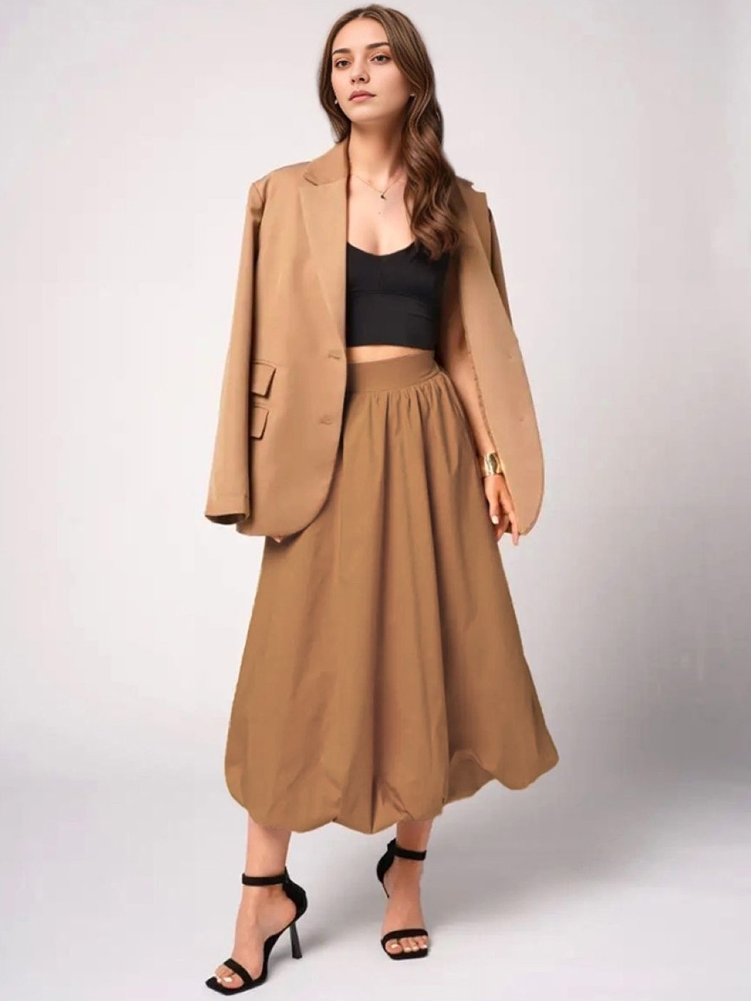 

KPOP Women Solid A-Line Maxi Slip-On Skirt, Brown