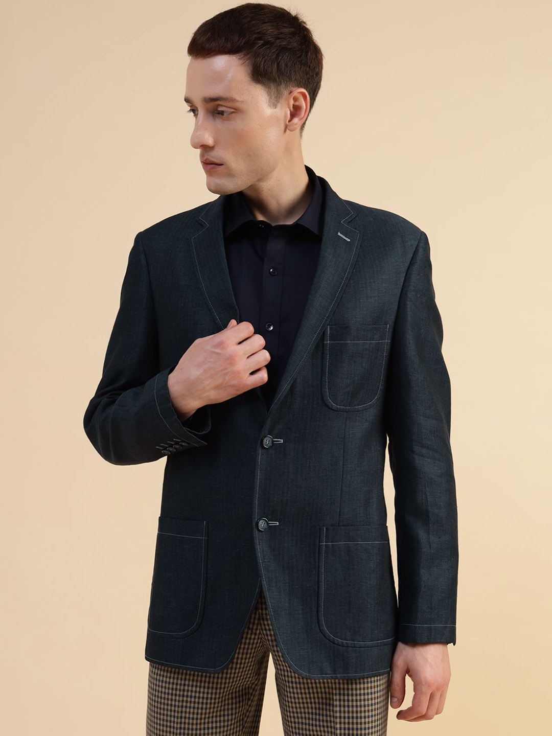

Givo Tailored Fit Double Vent Single Breasted Linen Blazer, Navy blue