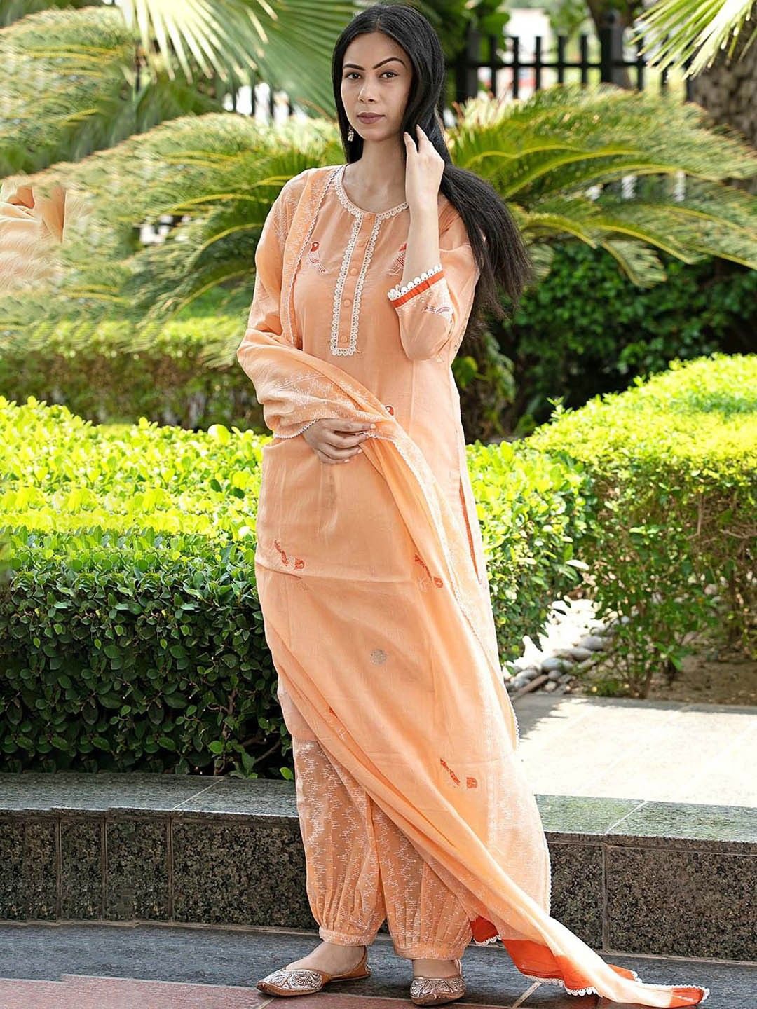 

Anni Designer Embroidered Regular Viscose Rayon Straight Kurta with Harem Pants & Dupatta, Peach
