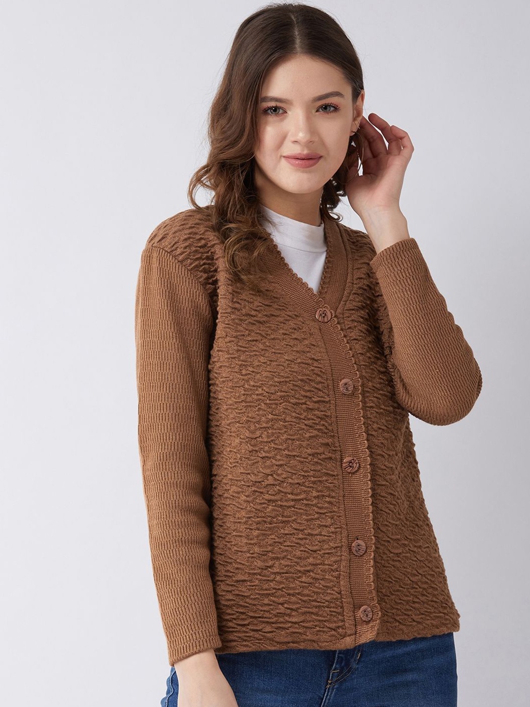 

PIVL Women Self Design Cardigan, Brown